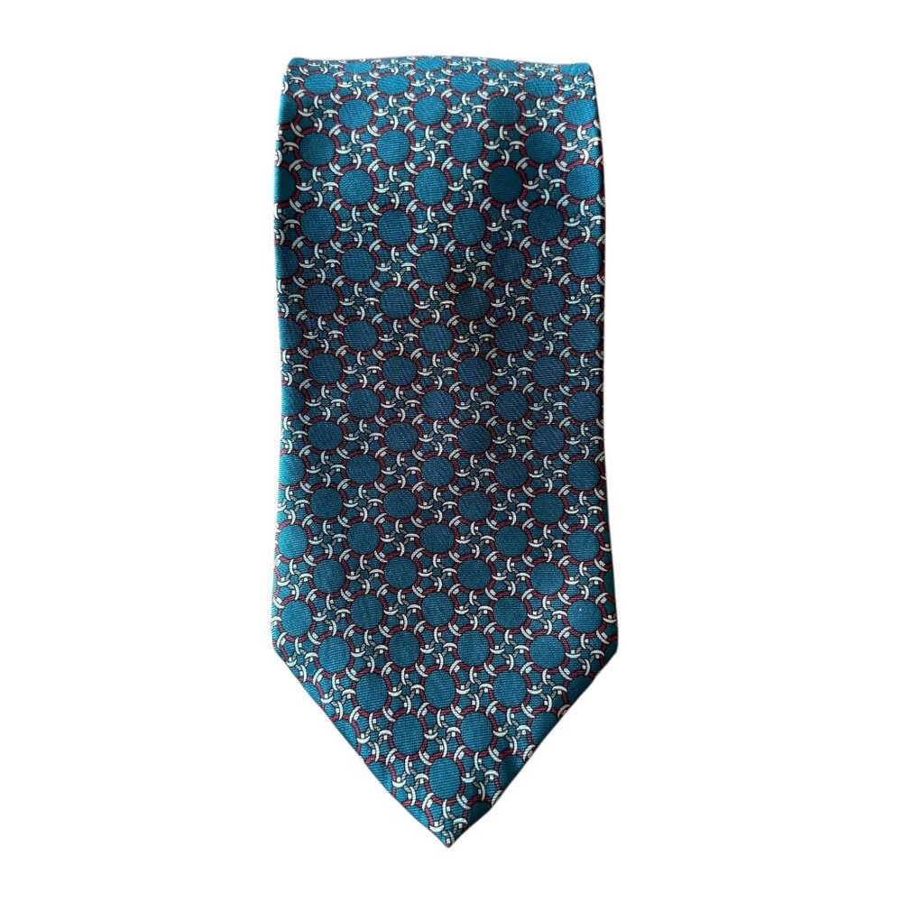 Regent Bert Pulitzer Vintage Mens Silk Tie Teal Geometric Pattern Made In USA - Picture 2 of 9
